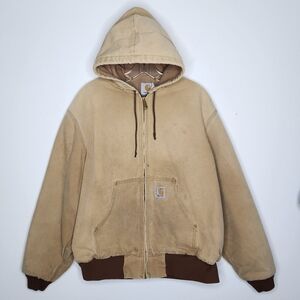 Vintage Carhartt JR106 Men XL Duck Brown Thermal Lined Hooded Jacket USA Stained